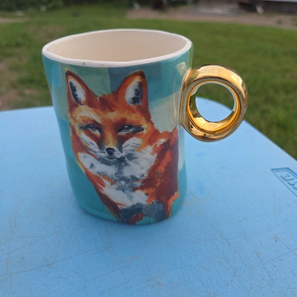 Anthropologie Mug WALCOTT Animal WINTER FAUNA Red FOX Earthenware Gold
